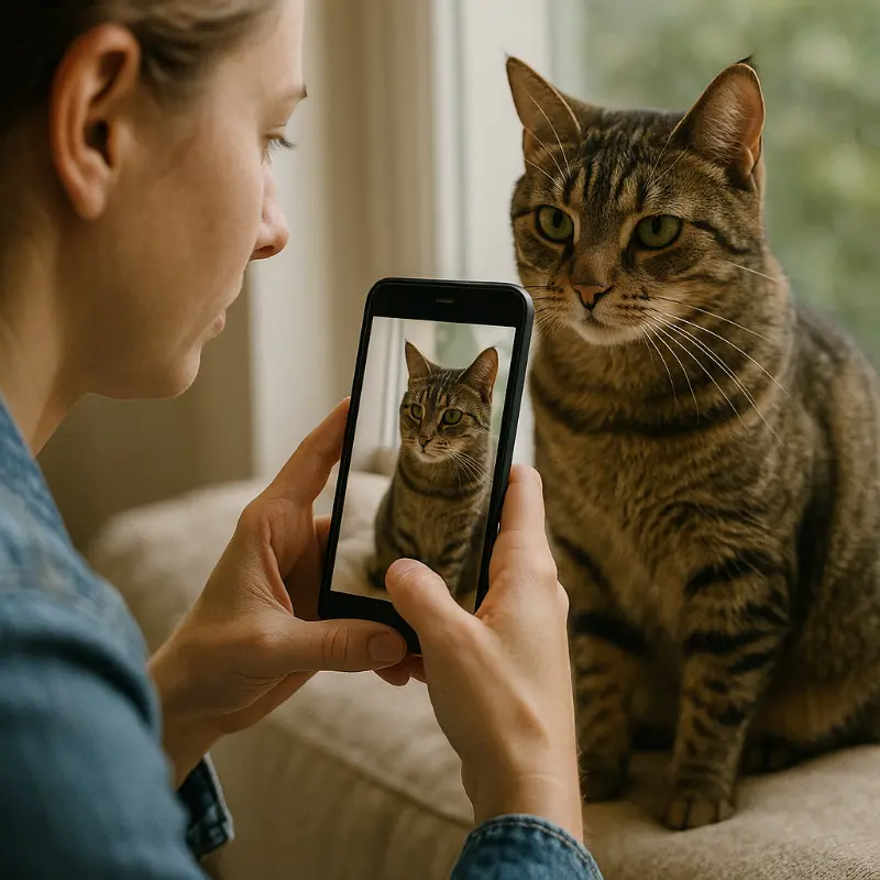 Kvindelig fotograf og opmærksom kat